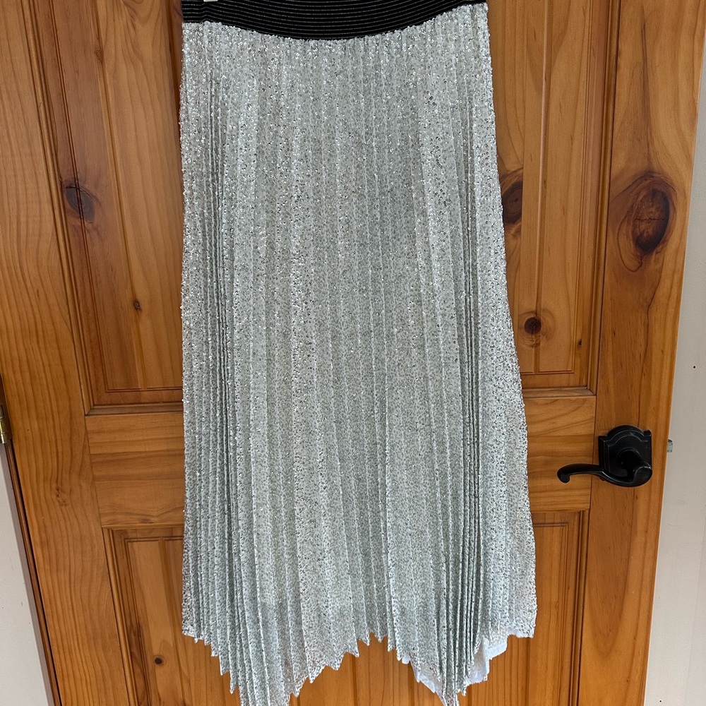 ABS Allen Schwartz Silver Asymmetrical Midi Skirt